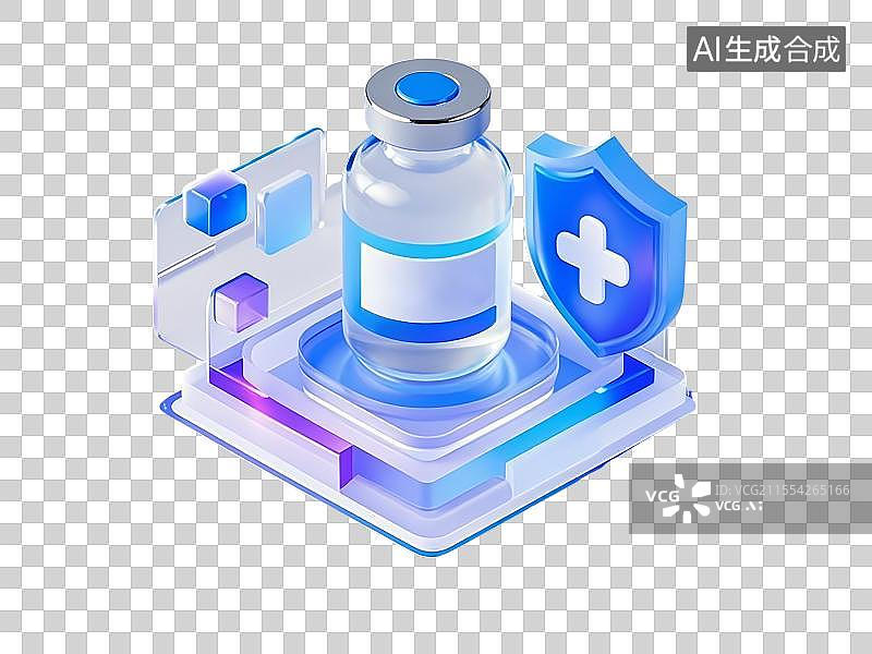 【AI数字艺术】透明背景的3D疫苗瓶和护盾图标图片素材