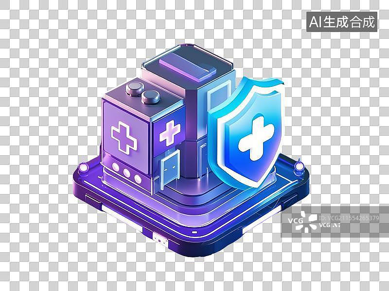 【AI数字艺术】透明背景的3D医院和护盾图标图片素材