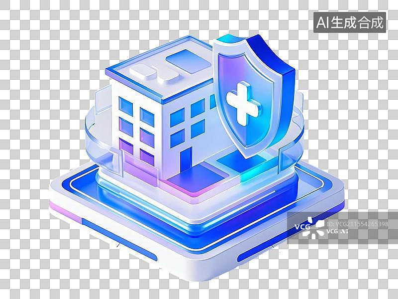 【AI数字艺术】透明背景的3D医院和护盾图标图片素材