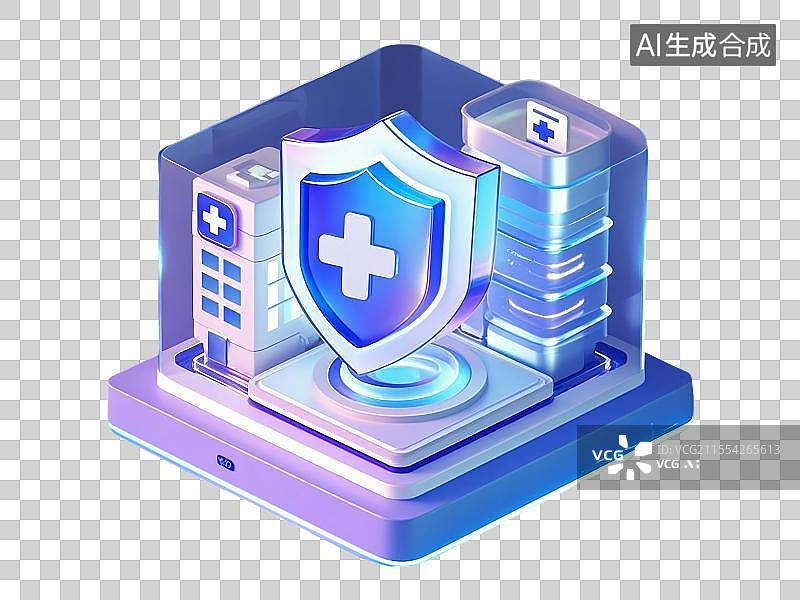 【AI数字艺术】透明背景的3D医院和护盾图标图片素材