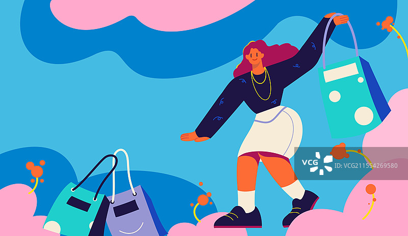 开心购物逛街的年轻女孩插画图片素材