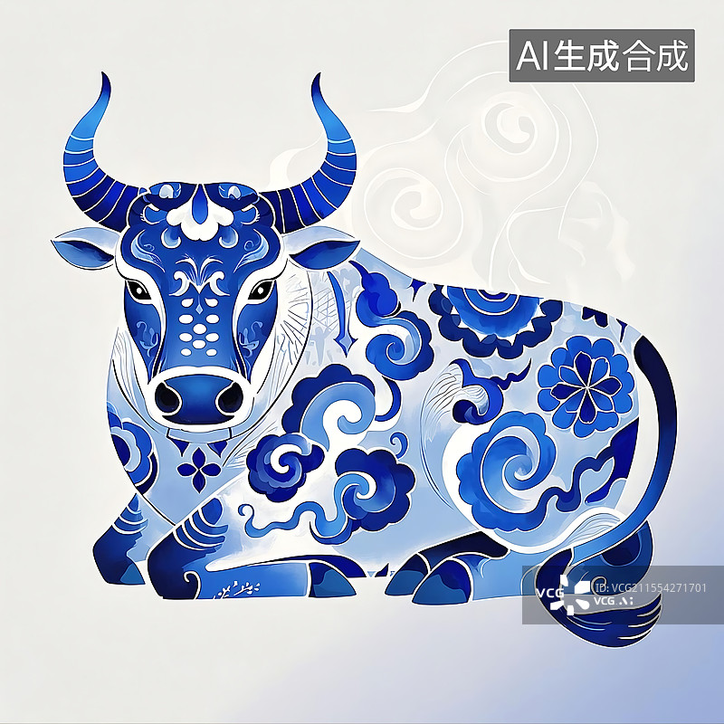 【AI数字艺术】十二生肖青花瓷系列之生肖牛图片素材