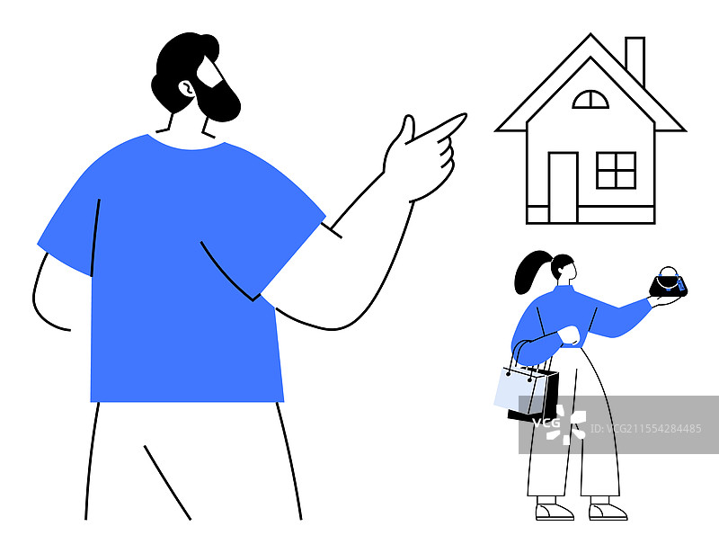 男人指着房子，女人手里提着购物袋。图片素材