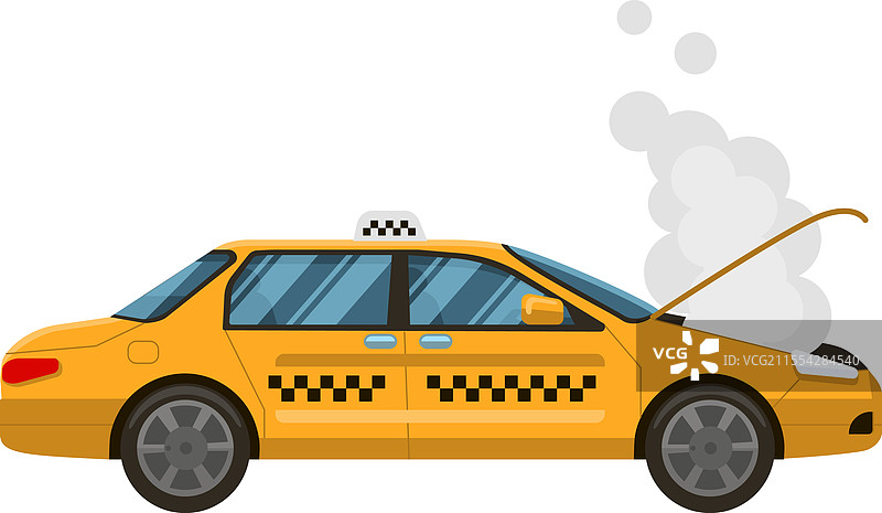冒烟的黄色出租车，车盖敞开。图片素材