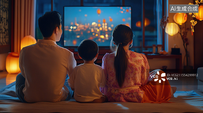 【AI数字艺术】国庆节家人团聚围坐一起看电视节目图片素材