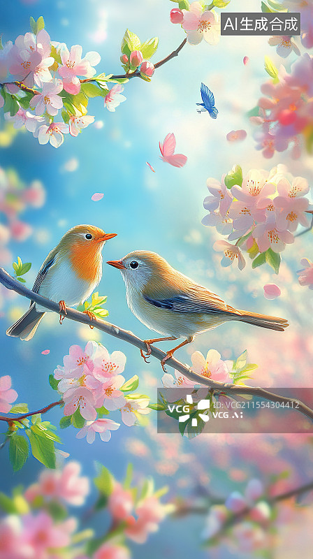 【AI数字艺术】二十四节气系列插画之惊蛰节气枝头欢唱的鸟儿图片素材