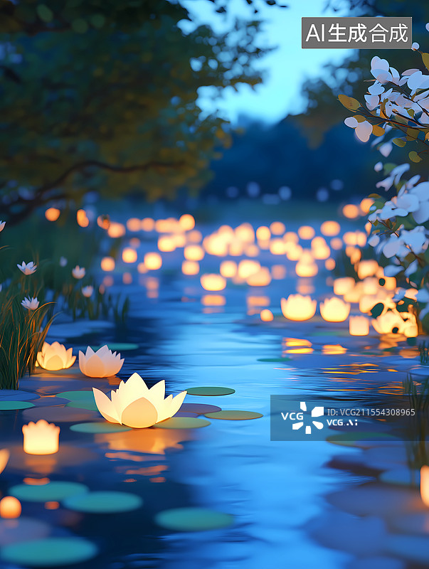 【AI数字艺术】3D卡通池塘里的莲花灯图片素材