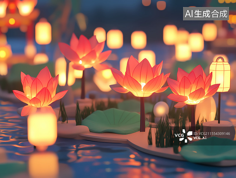 【AI数字艺术】3D卡通池塘里的莲花灯图片素材