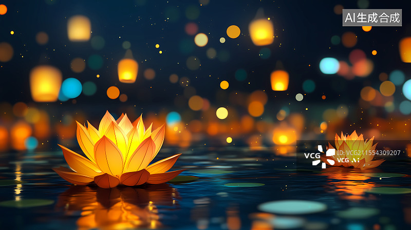 【AI数字艺术】3D卡通池塘里的莲花灯图片素材
