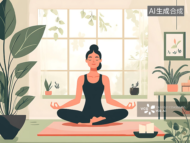 【AI数字艺术】瑜伽健身健康生活方式概念插画图片素材