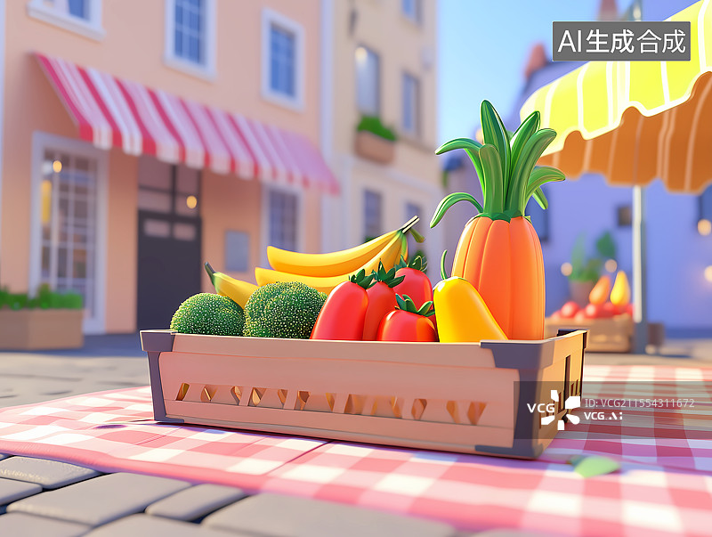 【AI数字艺术】3D卡通市场上的蔬果摊图片素材