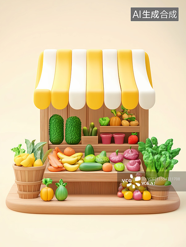 【AI数字艺术】3D卡通市场上的蔬果摊图片素材