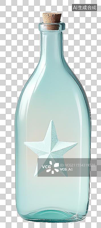 【AI数字艺术】透明背景的玻璃瓶，带塞子的玻璃瓶实验室玻璃器皿, 瓶子里的星星  3D立体效果图片素材