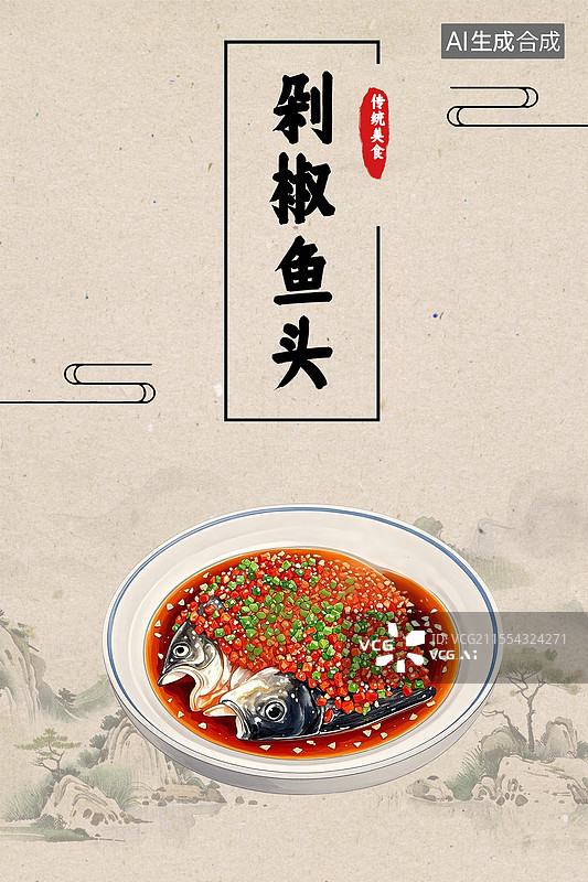 【AI数字艺术】剁椒鱼头-传统美食手绘风格设计模板图片素材