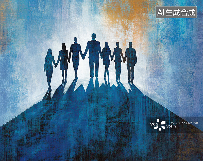 【AI数字艺术】人形剪影，他们手拉手站成在一起。图片素材