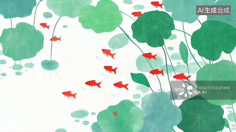 【AI数字艺术】夏季荷塘红鱼插画图片素材