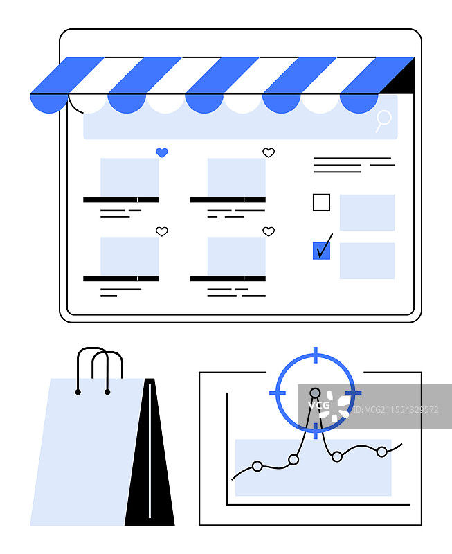 电子商务网站界面，带有购物袋和图片素材