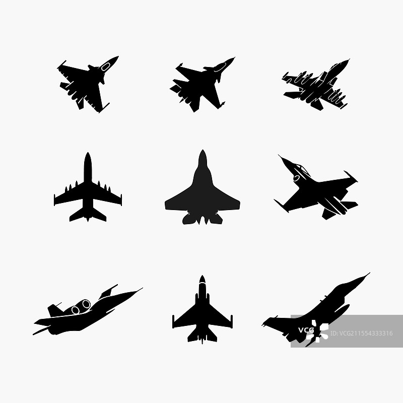 黑色剪影的军用飞机集合图片素材