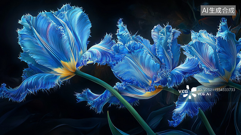 【AI数字艺术】黑色背景蓝色花卉图片素材
