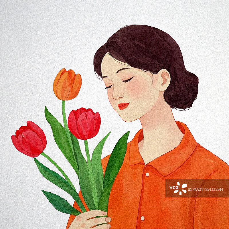 抱郁金花束的女孩图片素材