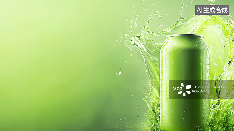 【AI数字艺术】AIGC：绿色背景流动的液体和绿色易拉罐瓶子图片素材