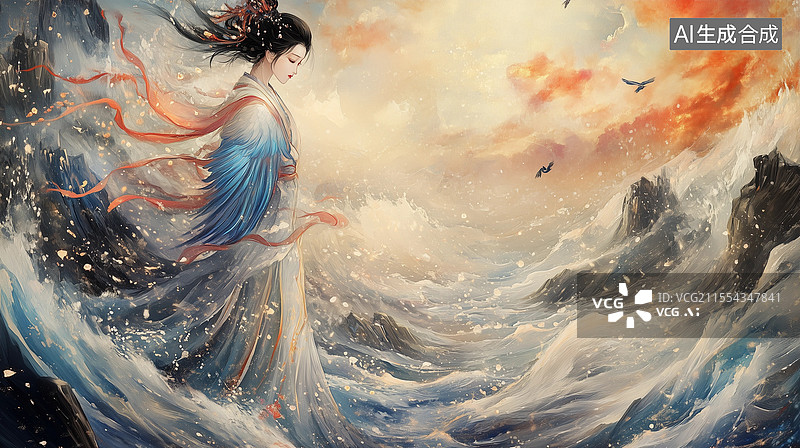 【AI数字艺术】中国古代神话山海经精卫填海图片素材