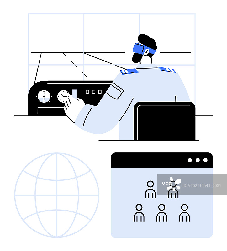 飞行员在驾驶舱中操作控制装置与全球导航图片素材