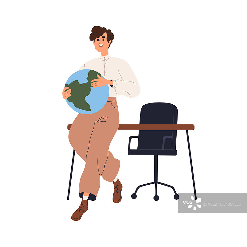 地理老师站在桌子旁边，桌上有一个地球仪图片素材