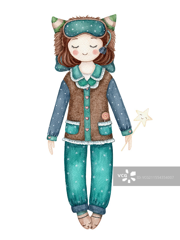 可爱的穿着睡衣和睡眠面罩的女孩在睡觉图片素材