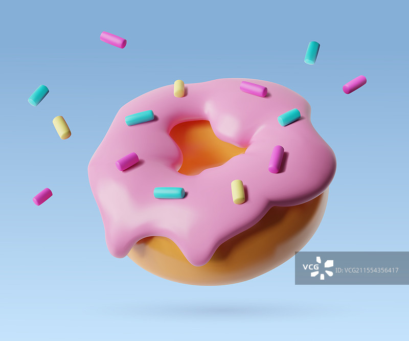 3D逼真的粉色糖霜甜甜圈在空中飞翔图片素材