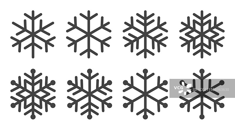 白色背景上孤立的扁平雪花图标集图片素材