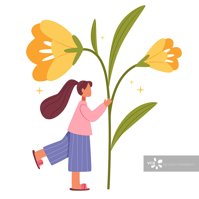 女孩手捧一朵大黄花，春天的温柔气息图片素材