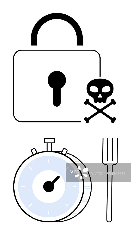 带有骷髅符号的锁和旁边的计时器与叉子图片素材