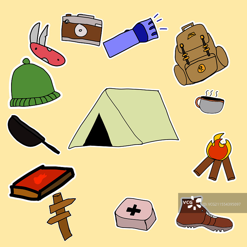 露营装备的集合，包括一个帐篷背包图片素材