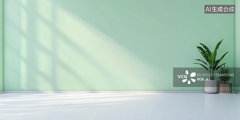 【AI数字艺术】简约室内设计，绿色墙面与植物图片素材