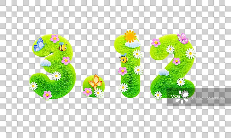 3D渲染的312植树节元素绿色数字环保元素图片素材