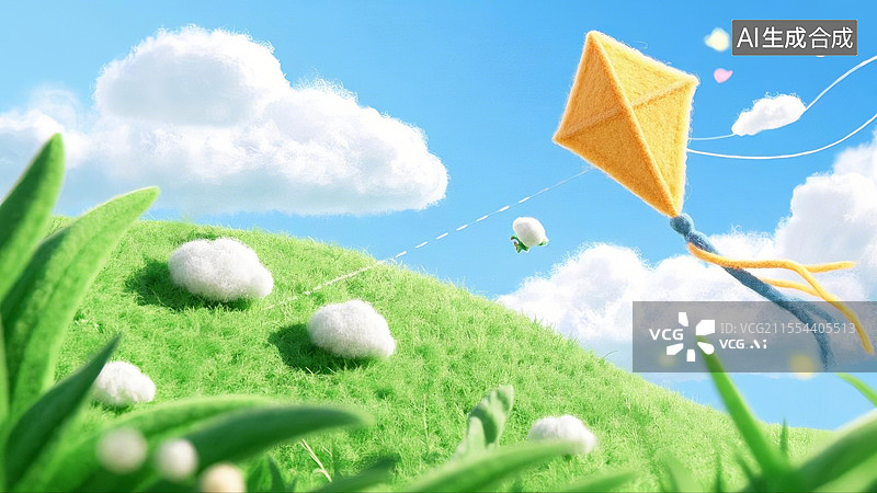 【AI数字艺术】春分主题海报——毛毡风格，蓝天草地，放风筝图片素材