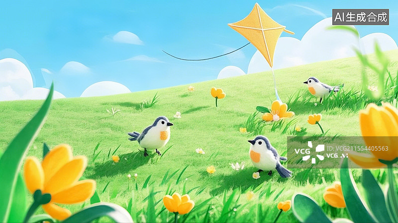 【AI数字艺术】春分主题海报——毛毡风格，蓝天草地，放风筝图片素材