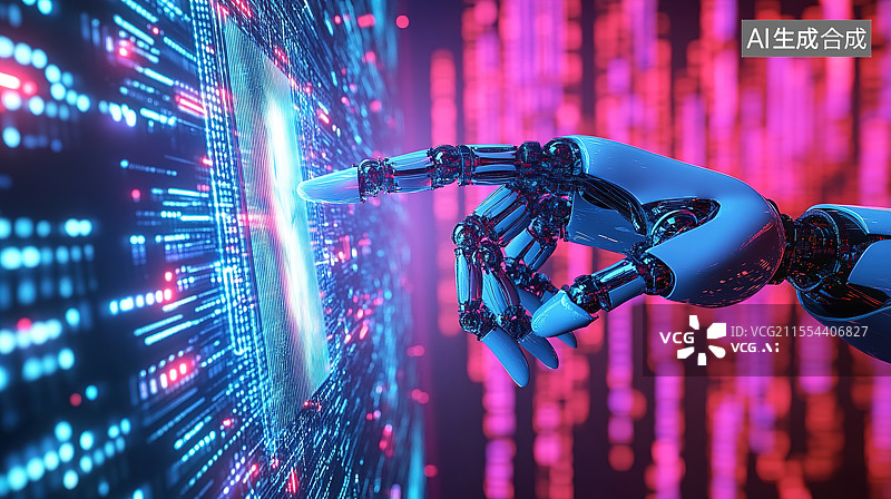 【AI数字艺术】未来科技人工智能机器人手触摸电子屏幕图片素材