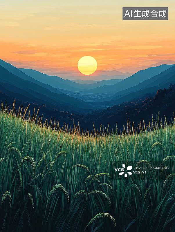 【AI数字艺术】层峦叠嶂的山间日落图片素材