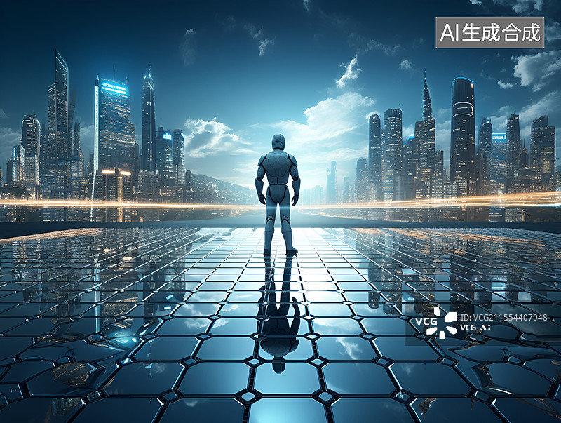【AI数字艺术】机器人站立在宽广的城市广场前图片素材