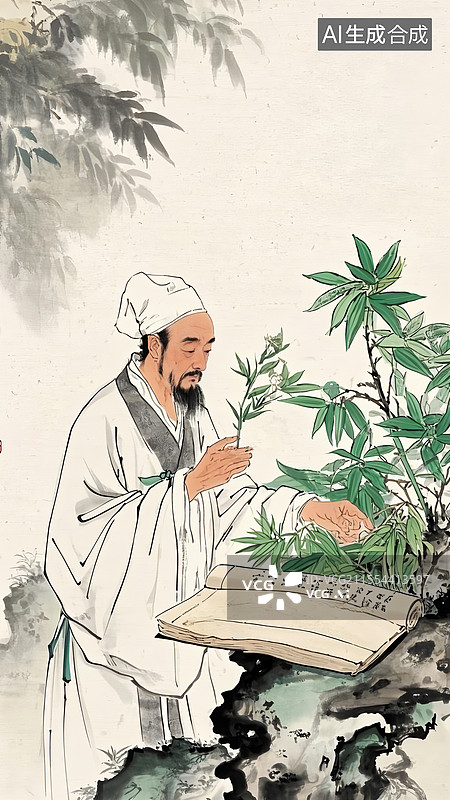 【AI数字艺术】李时珍，水墨人物插画图片素材
