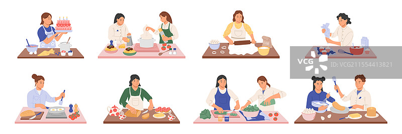 厨房里的厨师们正在做饭，女人在烹饪。图片素材