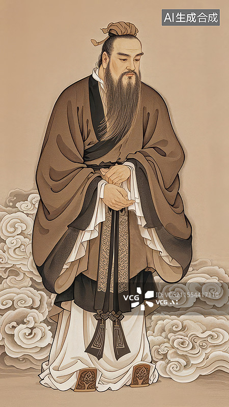 【AI数字艺术】孔子画像手绘插画：曲裾深衣与玄端高冠的儒家文化场景图片素材