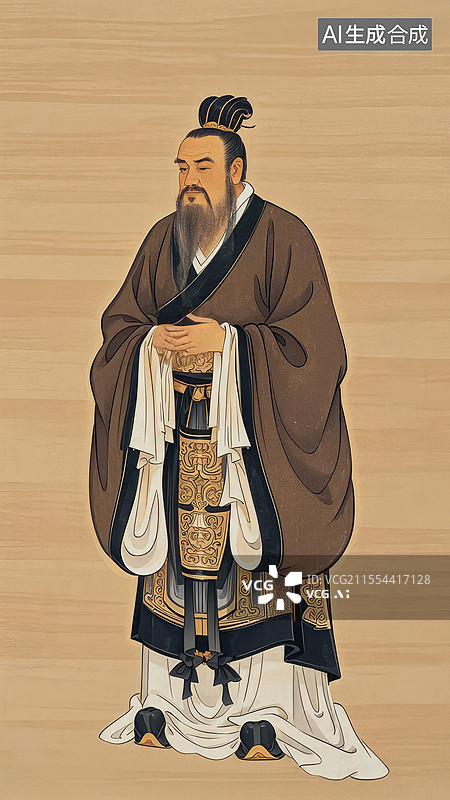 【AI数字艺术】孔子画像手绘插画：曲裾深衣与玄端高冠的儒家文化场景图片素材