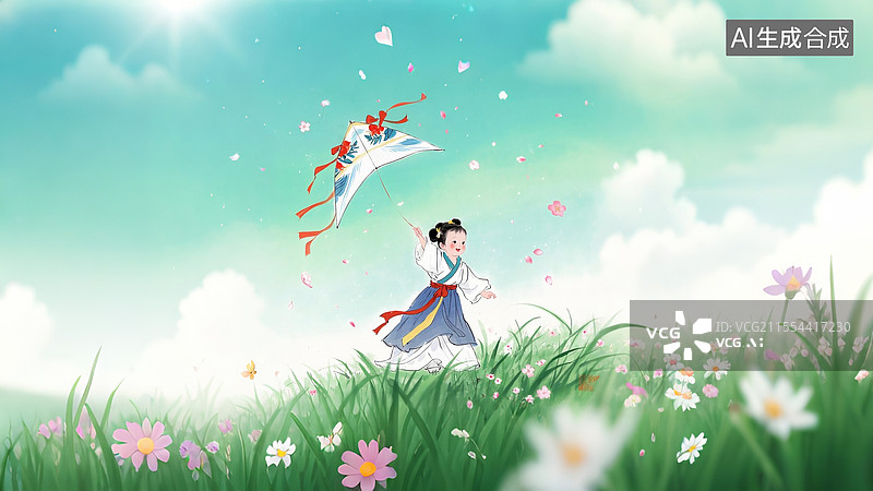 【AI数字艺术】草地上放风筝的少女图片素材