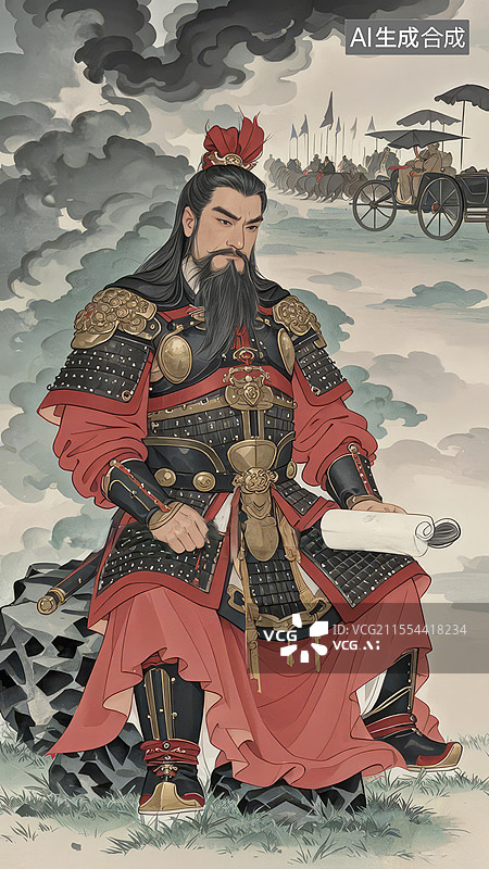 【AI数字艺术】孙子工笔画像手绘插画：札甲与武弁冠的兵法文化场景图片素材