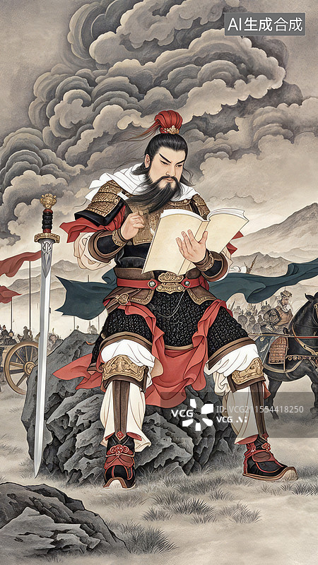 【AI数字艺术】孙子工笔画像手绘插画：札甲与武弁冠的兵法文化场景图片素材