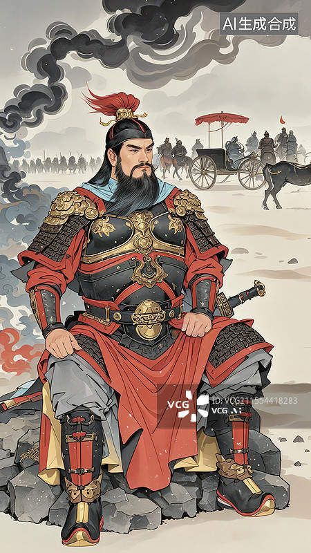 【AI数字艺术】孙子工笔画像手绘插画：札甲与武弁冠的兵法文化场景图片素材