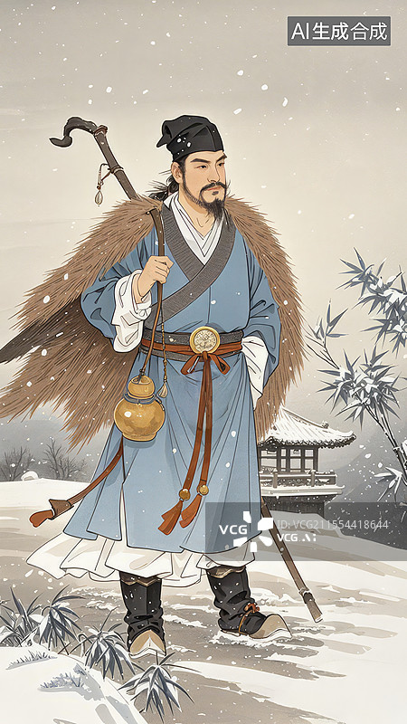 【AI数字艺术】苏轼画像 - 雪中拄杖立像，竹林亭台背景，灰蓝浅棕色调图片素材